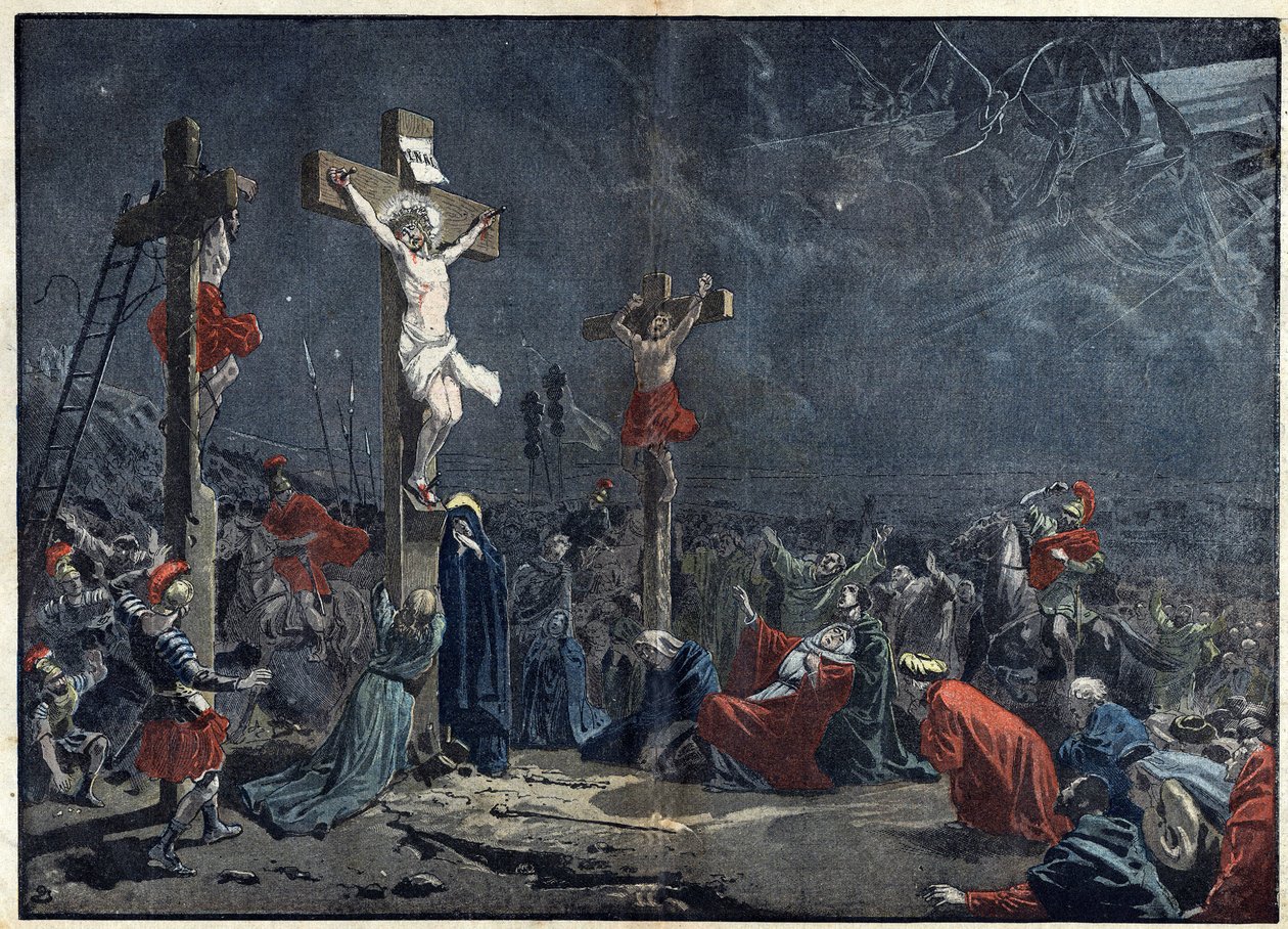 Pitkäperjantai: Jeesuksen Kristuksen (Jeesus Kristuksen) ristiinnaulitseminen. Kuvitus "" le Pelerin" -lehdessä 3. huhtikuuta tekijältä Unknown artist