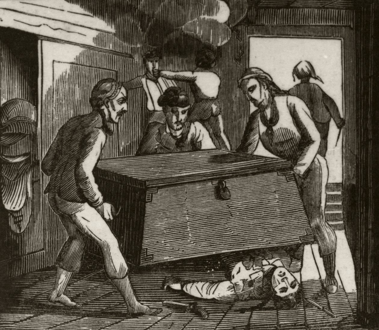 "Gordon ja hänen toverinsa painavat ranskalaisen kapteenin kuoliaaksi suurella rinnalla", n. 1836 tekijältä Unknown artist