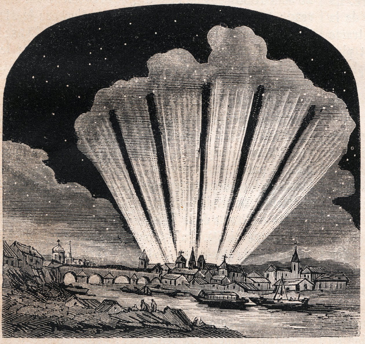 Suuri komeetta vuodelta 1744 (C/1743 X1) - Grande comete a six tails de 1744 - Comete de Cheseaux tai Comete Klinkenberg-Cheseaux - kaiverrus noin 1867 tekijältä Unknown artist