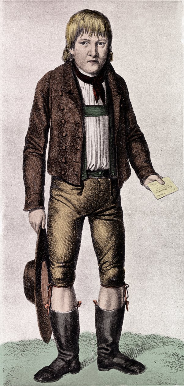 Suuret arvoitukset: muotokuva Gaspard (Kaspar) Hauserista, jota kutsuttiin Euroopan orpoksi hänen ilmestyessään Nürnbergiin noin 16-vuotiaana, 26.5.1828. Se oletettiin kuuluisasta perheestä, mutta sen alkuperä on edelleen mystinen. Kaiverrus tekijältä Unknown artist