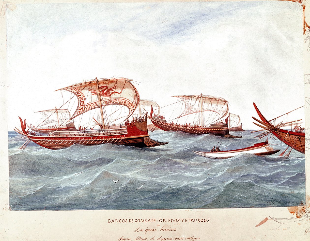 Kreikan ja etruskien sotalaivoja (akvarelli tekijältä Unknown artist