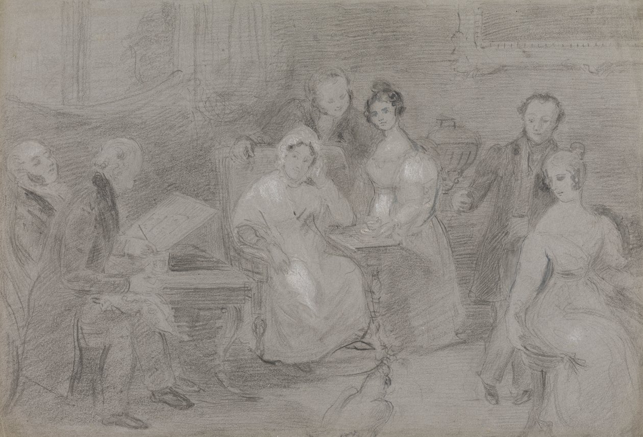 Figuuriryhmä, jossa mies maalaa vesiväreillä ja tyttö ojentaa kuppeja teetä tekijältä Unknown artist