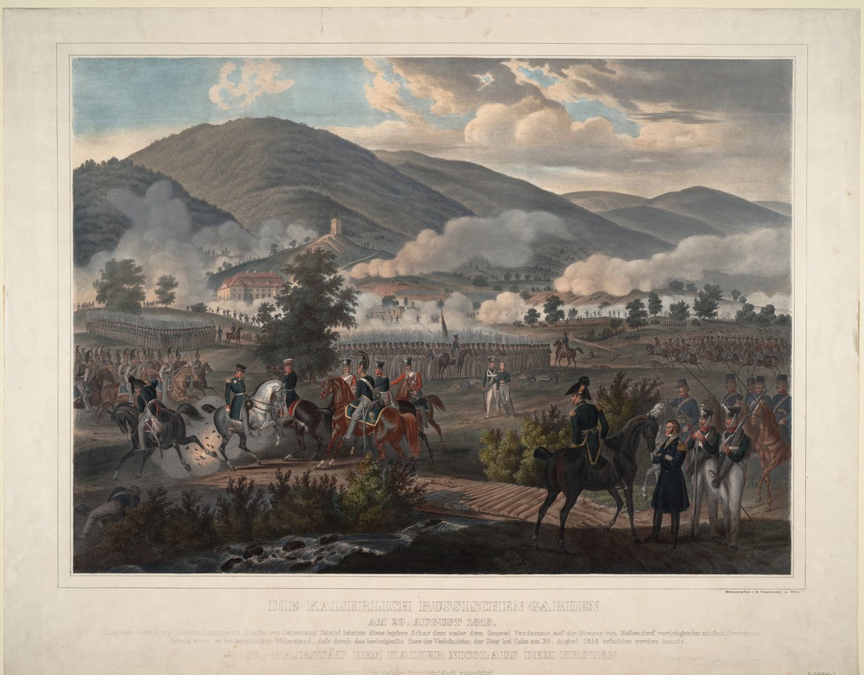 Napoleonin sodat: Kulmin (nykyisin Chlumec) taistelu Böömissä (Tšekki) 30.8.1813 - Venäjän henkivartiosykmentti Kulmin taistelussa 29. elokuuta 1813 - Nimetön - n. 1813 - Värilitografia - 59x75,6 - Yksityinen kokoelma tekijältä Unknown artist