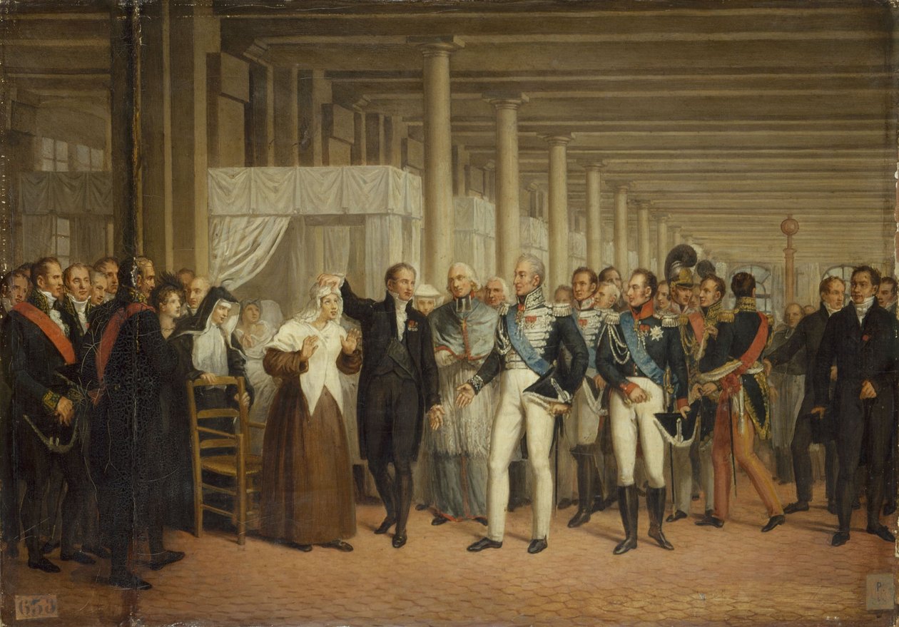 Guillaume Dupuytren (1777-1835) esittelee Kaarle X:lle silmäleikkauksen Hôtel-Dieussa, noin 1825 (öljy kankaalle). tekijältä Unknown artist