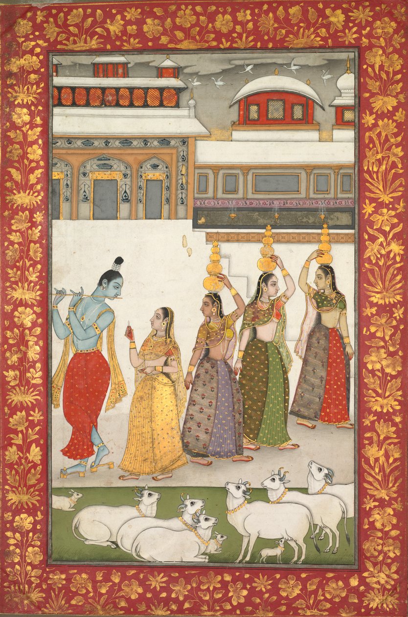 Gujari Ragini (Krishna ja gopit soittavat huilua), Ragamala-sarjasta tekijältä Unknown artist