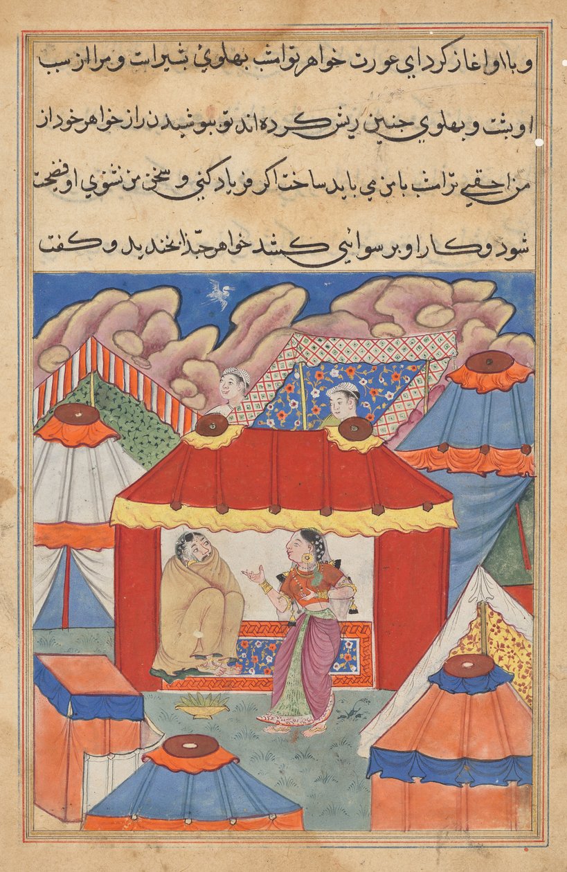 Habbazan sisar, joka lähetetään häntä lohduttamaan, löytää naamioituneen arabin tilalleen Tuti-namasta (Papuukaijan tarinoita): Twenty-n4th Night tekijältä Unknown artist