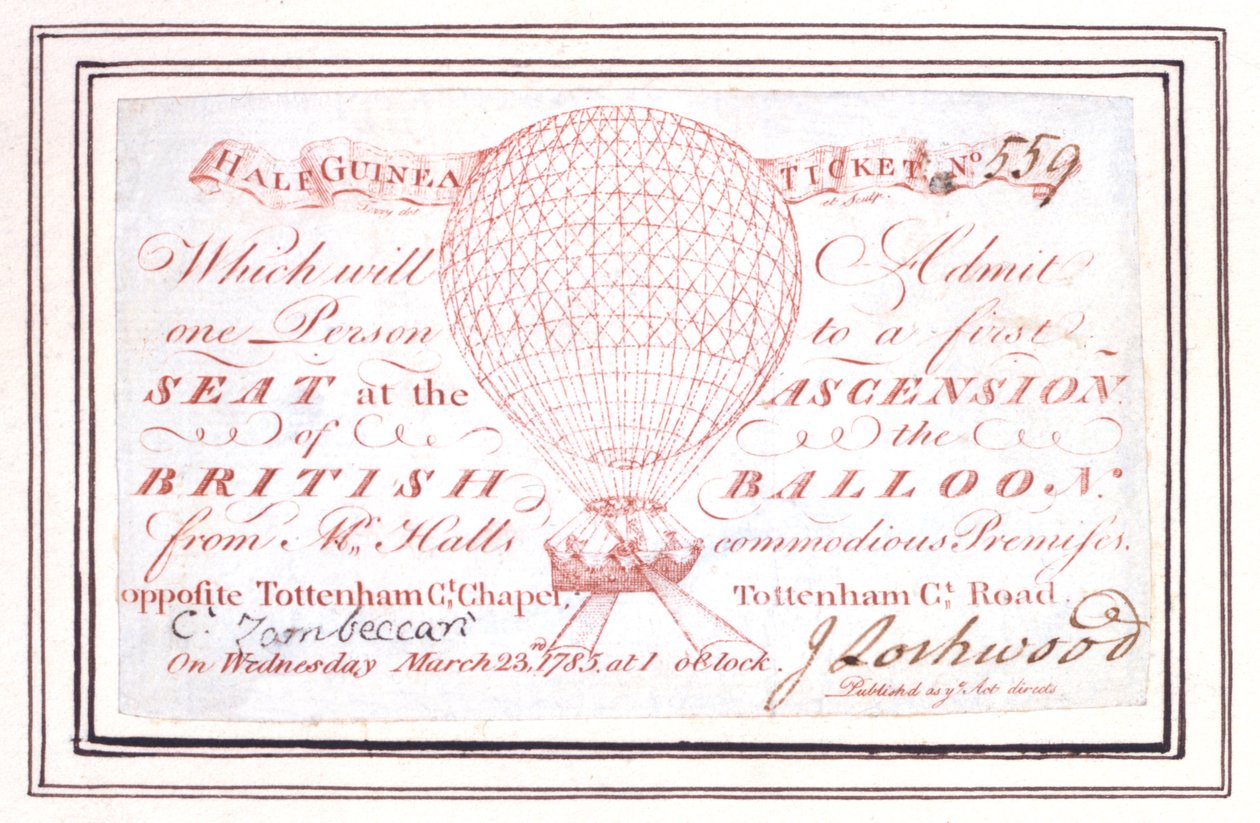 Puoli-guinea-lippu ilmapallon nousuun Tottenham Court Roadilla, Lontoossa, 23. maaliskuuta 1785 tekijältä Unknown artist
