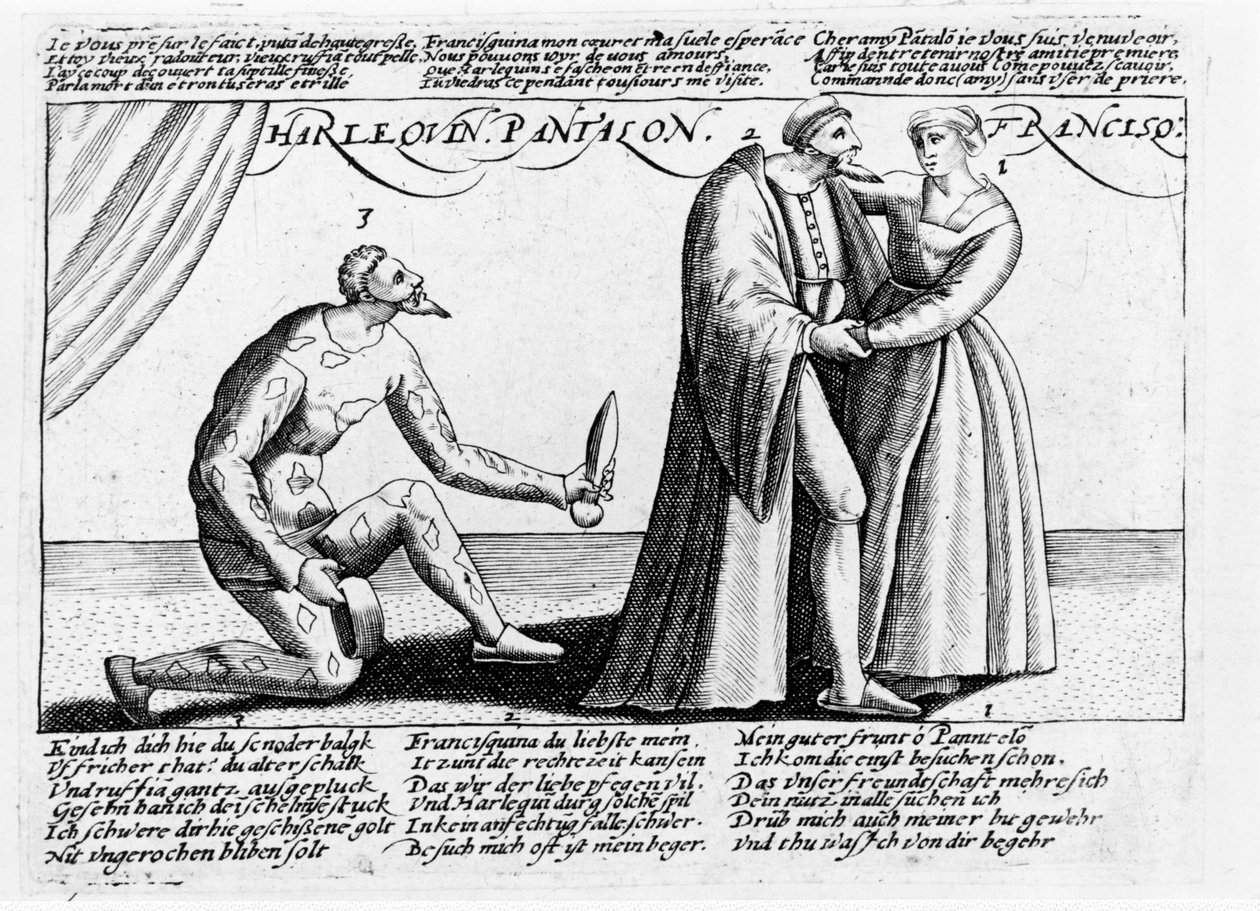 Harlekiini aisankukka. Kaiverrussarja Ranskassa 1500-luvun lopulla soitetusta teoksesta, jonka teemana on Harlequinin ja Franceschinan rakkauden häpeä. tekijältä Unknown artist