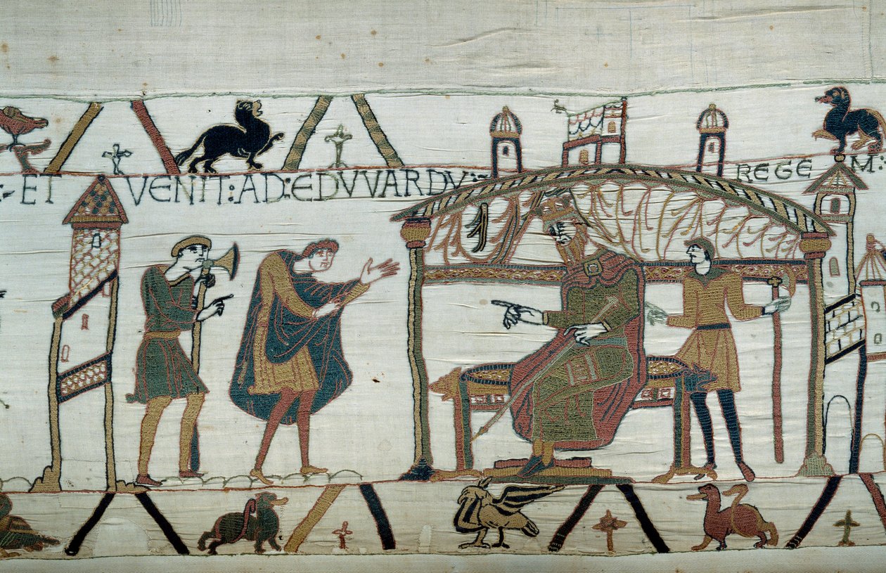 Harold, joka palasi Englantiin suurlähetystönsä jälkeen herttua Vilhelm Valloittajan (1027-1087) luona, esitti matkansa kuningas Edward tunnustajalle. Yksityiskohta Bayeux