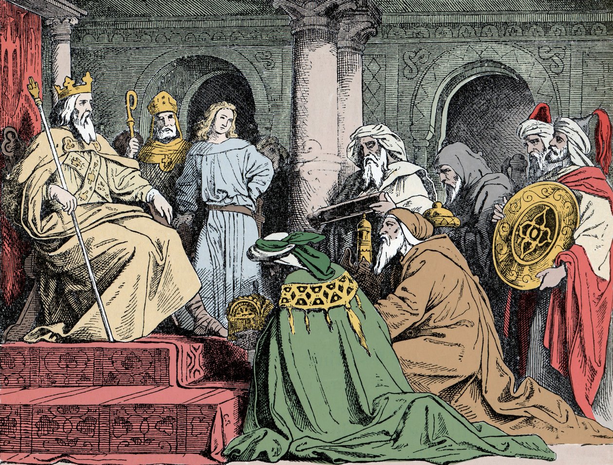 Harun al Rachidin lahjat - Abbasidikalifi Harun al Rachidin (763-809) suurlähettiläät tarjosivat lahjansa Kaarle Suurelle (742-814), noin tekijältä Unknown artist