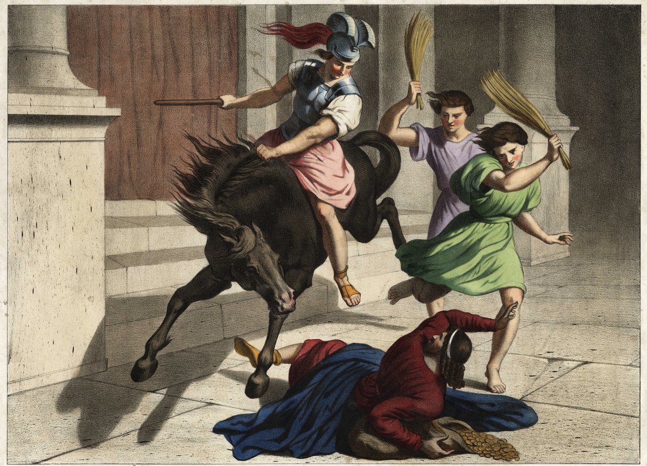 Heliodore (Heliodoros) ajettiin ulos temppelistä: hallitsijansa käskystä hän yritti turhaan ottaa haltuunsa Jerusalemin temppelin ryöstäjät. Anonyymi kaiverrus 1800-luvun puolivälistä. tekijältä Unknown artist