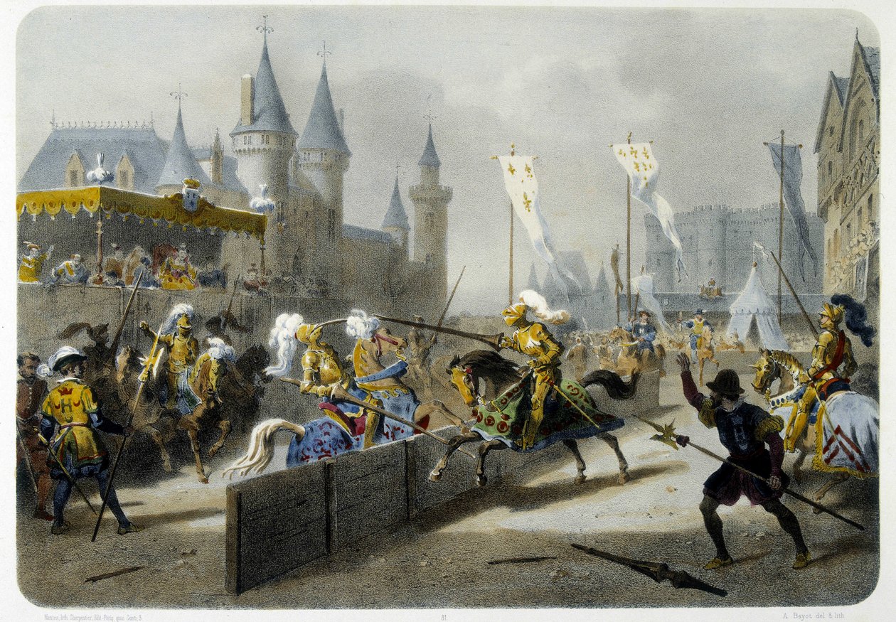 Henri II (1519 - 1559) kuoli turnauksessa 27. kesäkuuta 1559 - litografia tekijältä Unknown artist