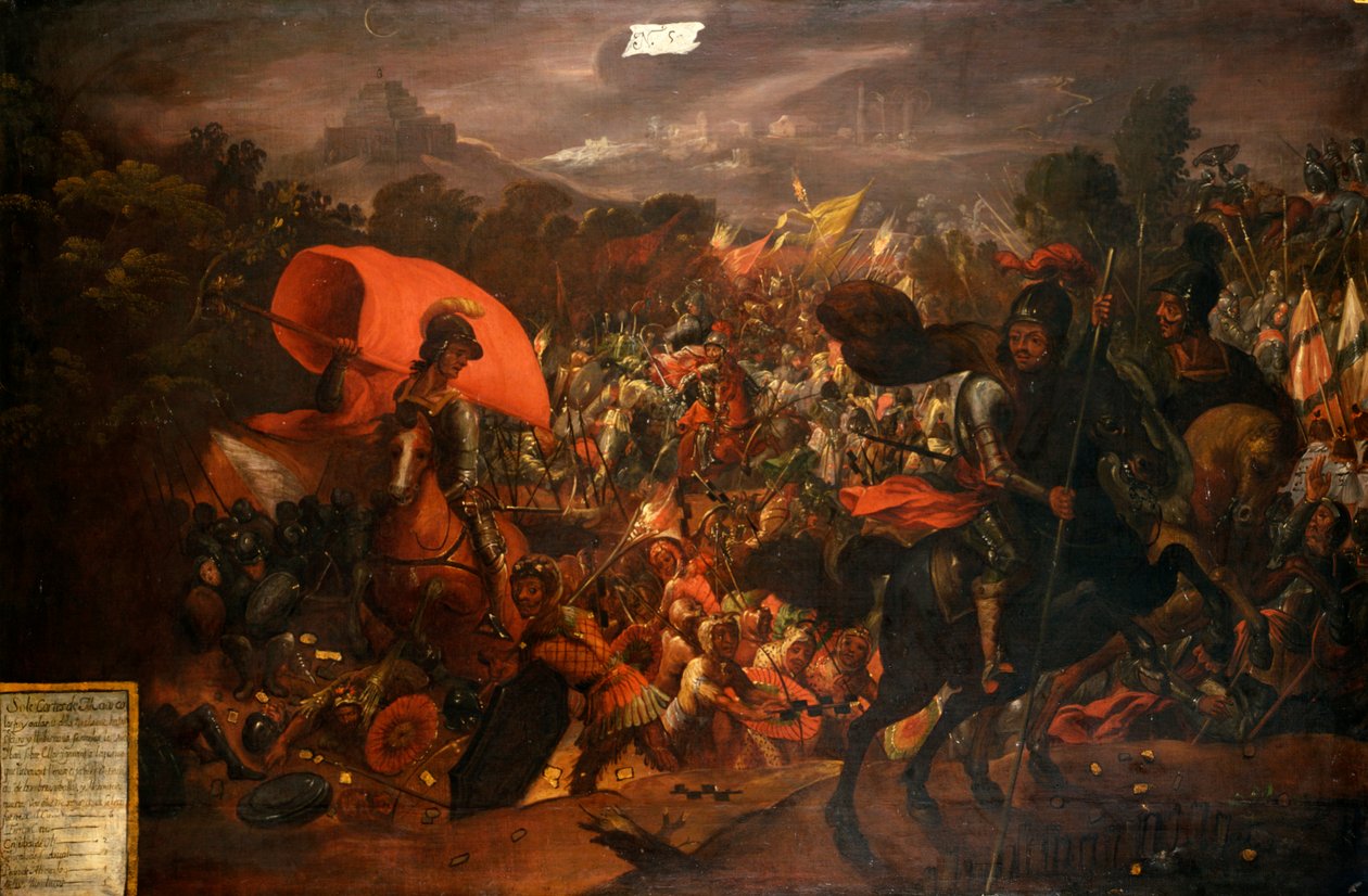 Hernan Cortes pakenee atsteekkien pääkaupungista tekijältä Unknown artist