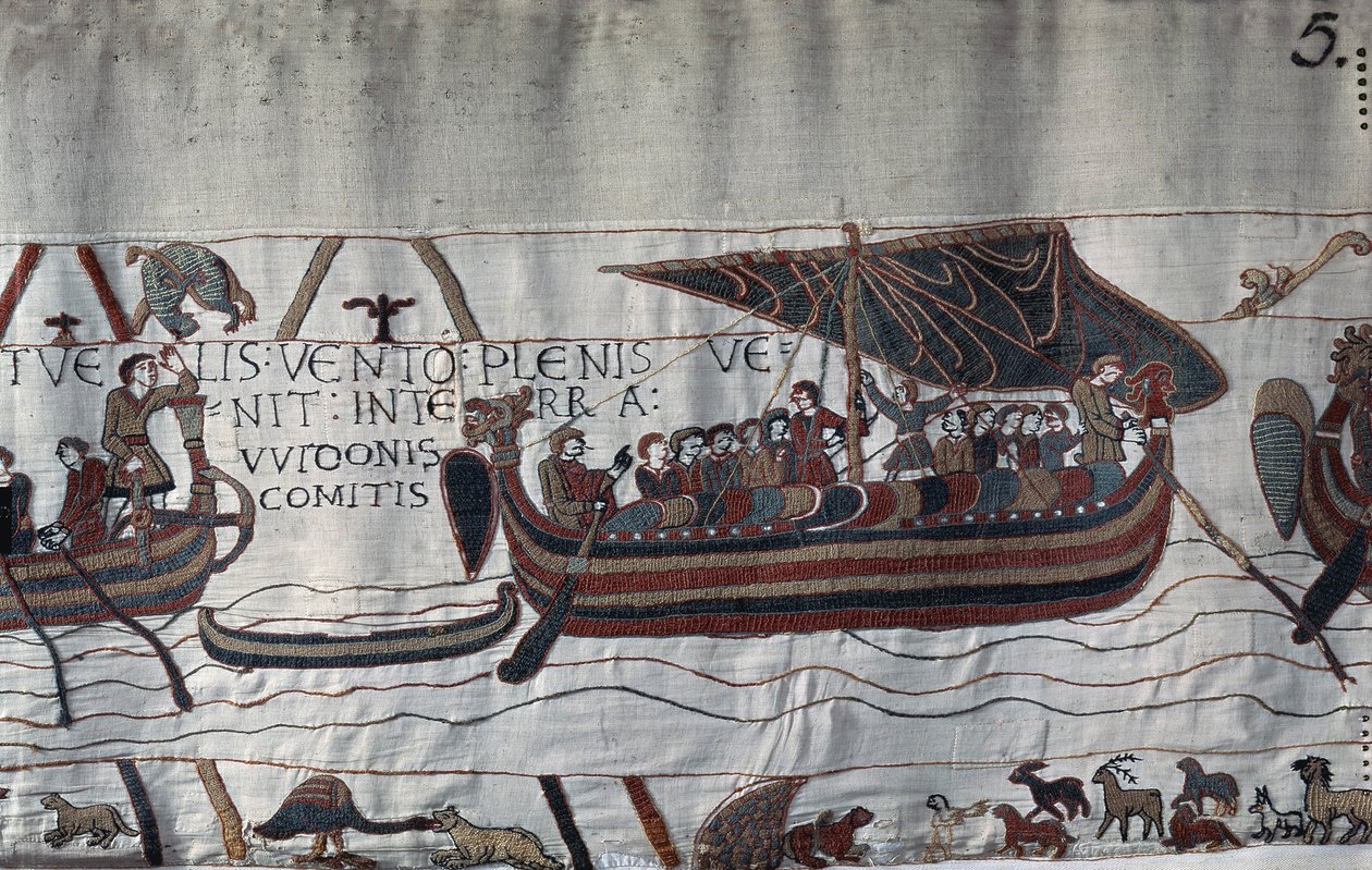 Myrskyn kaappaama Harold II:n (1022 - 1066) laiva jäi jumiin Ponthieun rannikolle - Bayeux Tapestry, joka tunnetaan nimellä Embroidery of Queen Mathilde tekijältä Unknown artist
