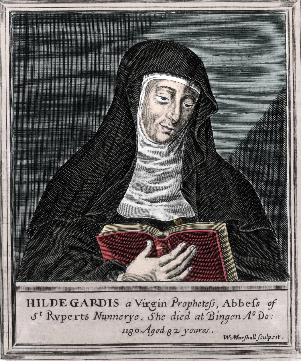 Bingenin Hildegard - Pyhän Hildegardin (Hildegardin) (1098-1179) esitys Bingenistä"" Kaiverrus 1800-luvulta tekijältä Unknown artist