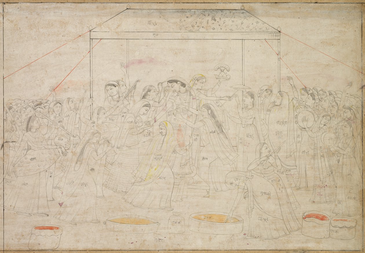 Hindujumala Krishna on pukeutunut naisten vaatteisiin kevätjuhlaholia varten tekijältä Unknown artist