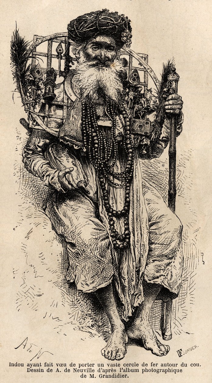 Hindu lupasi käyttää suurta rautarengasta kaulassaan. Alfred Grandidierin kaiverrus havainnollistamaan matkaa Intian meridionaalisissa provinsseissa vuosina 1862-1864, julkaistiin "" le tour du monde" -julkaisussa, johtajana D