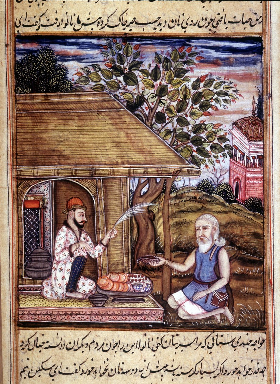 Hindulaisuus: esitys santonista, joka antaa almuja. Miniatyyri 1400-luvun käsikirjoituksesta. tekijältä Unknown artist
