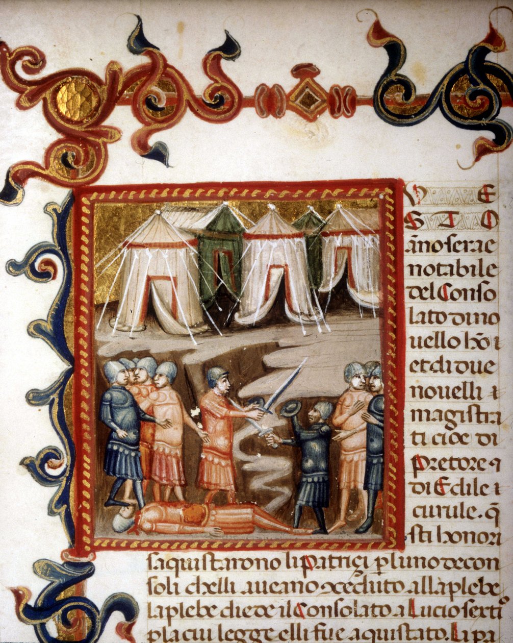 Historiae romanae vuosikymmeniä (= 10 kirjan ryhmät) (Ranskassa Rooman historiassa sen perustamisesta vuoteen 292 eKr.) Titus Live (Titus Live) tai Titus Livius latinaksi (-59 - 17). Pienoismalli, joka edustaa roomalaista valloitusta. sd. 1300-luvulla. tekijältä Unknown artist