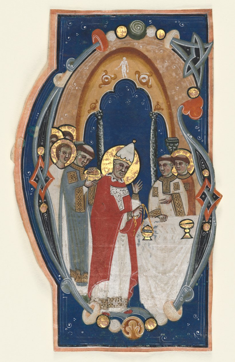 Historioitu alkukirjain (G) poistettu kuorokirjasta: St. Gregory Suuri juhlimassa messua tekijältä Unknown artist