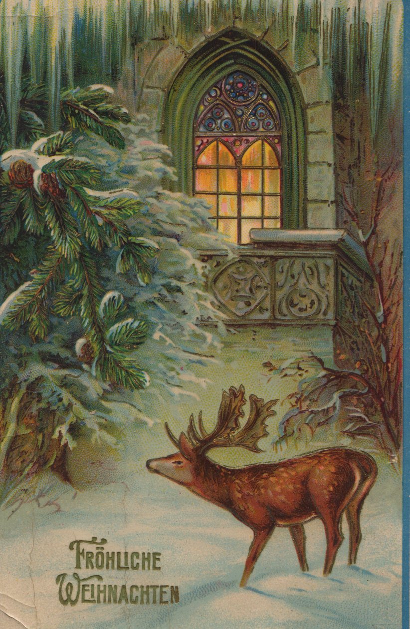 Historiallinen joulukortti, jossa on talviaihe, polttarit ja kirkko tekijältä Unknown artist