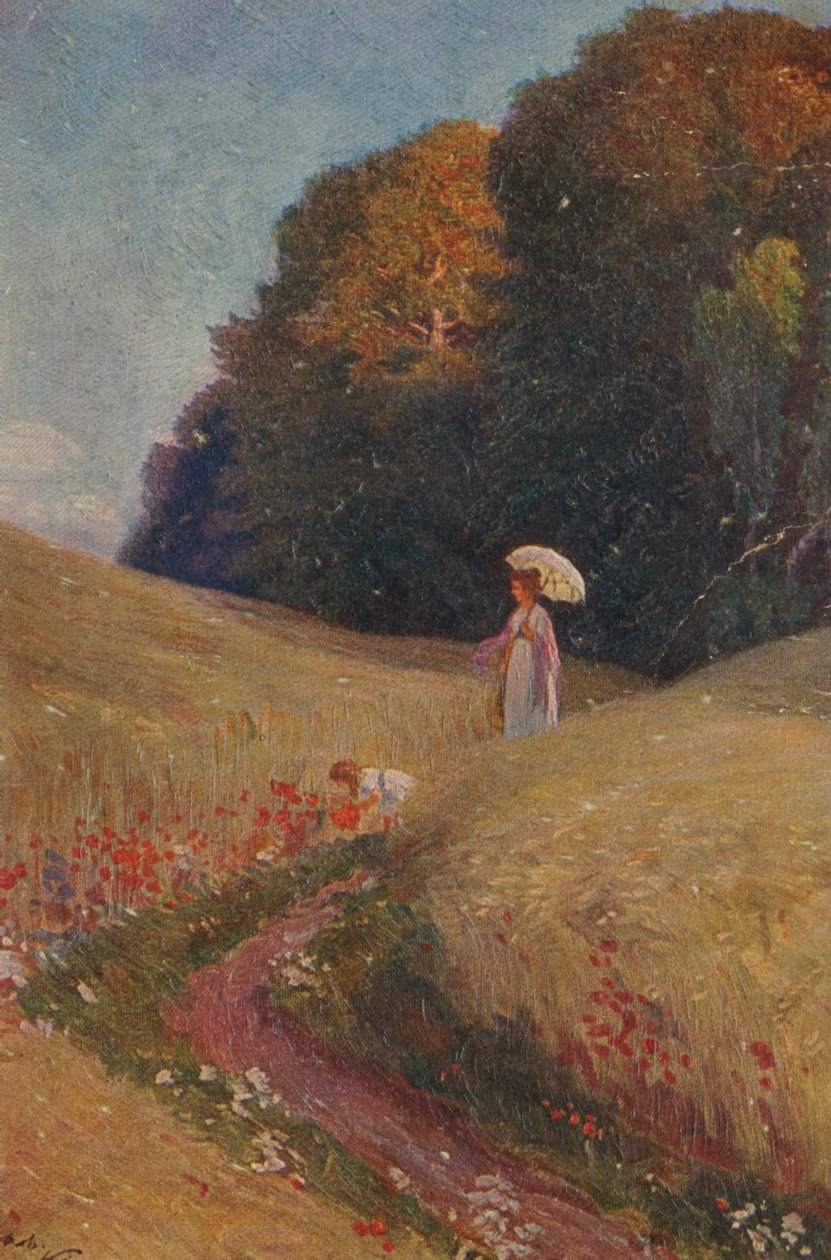 Historiallinen onnittelukortti maalauksen jälkeen, äiti ja tytär kävelemässä kukkaniityllä tekijältä Unknown artist