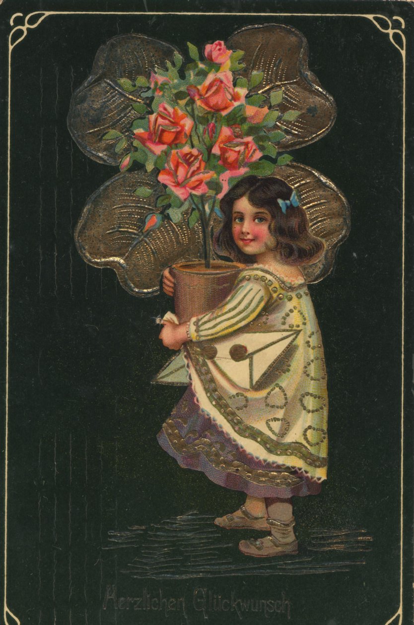 Historiallinen onnittelukortti, jossa on lapsi ja iso ruukkukasvi, ruusu tekijältä Unknown artist