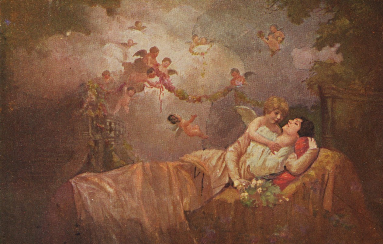Historiallinen onnittelukortti enkeleillä tuomaan naiselle onnea, kitsy-romanttinen tekijältä Unknown artist