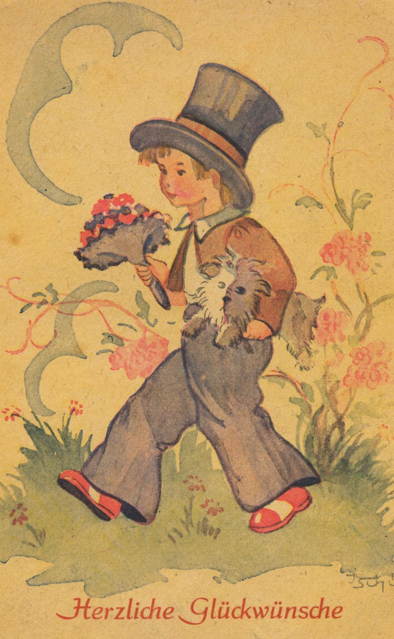 Historiallinen postikortti, jossa poika, jossa on kukkakimppu ja pieni koira, onnittelukortti tekijältä Unknown artist