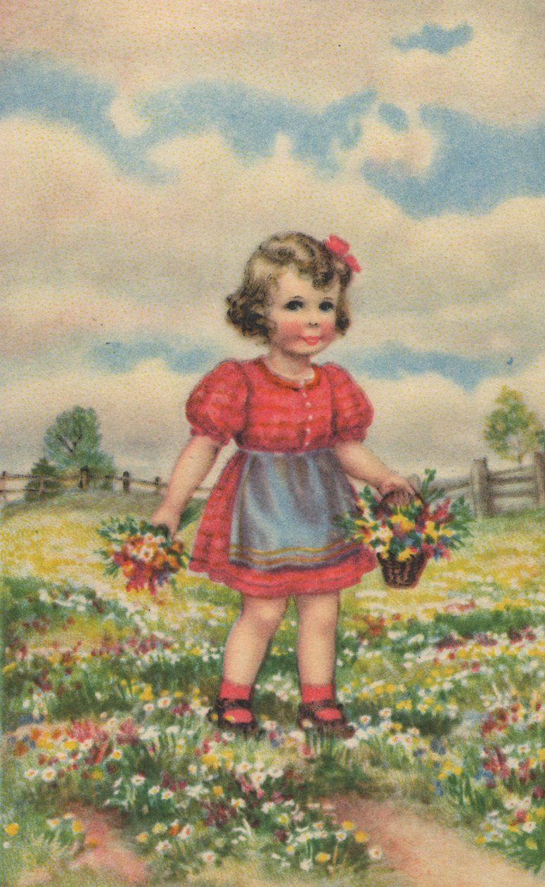 Historiallinen postikortti iloisella tytöllä niityllä, onnittelukortti tekijältä Unknown artist