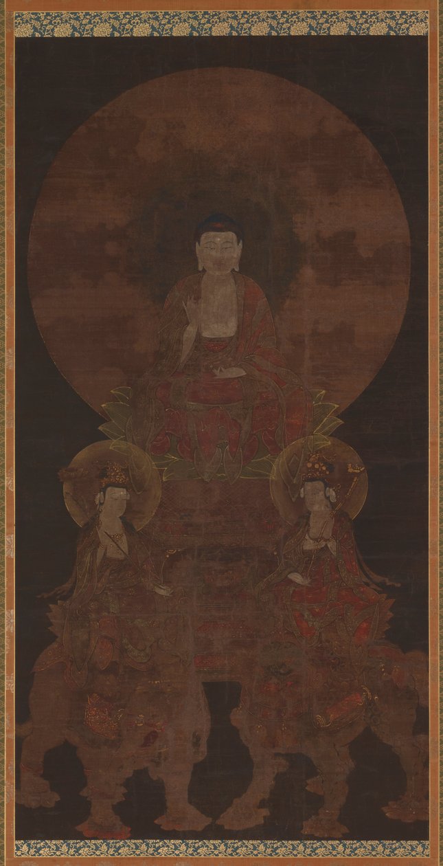Hysteerinen Buddha Shakyamuni bodhisattvojen Fugenin (Samanthabhadra) ja Manjun (Manjushri) kanssa tekijältä Unknown artist