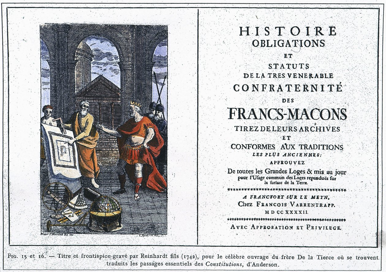 Historialliset velvoitteet ja vapaamuurarien kunniallisimman seurakunnan säännöt: Reinhardt Jr.:n (1742) kaivertama nimitys ja etulevy Kolmannen veljen kuuluisalle teokselle, jossa on käännetty Andersonin "Con" keskeiset kohdat tekijältä Unknown artist