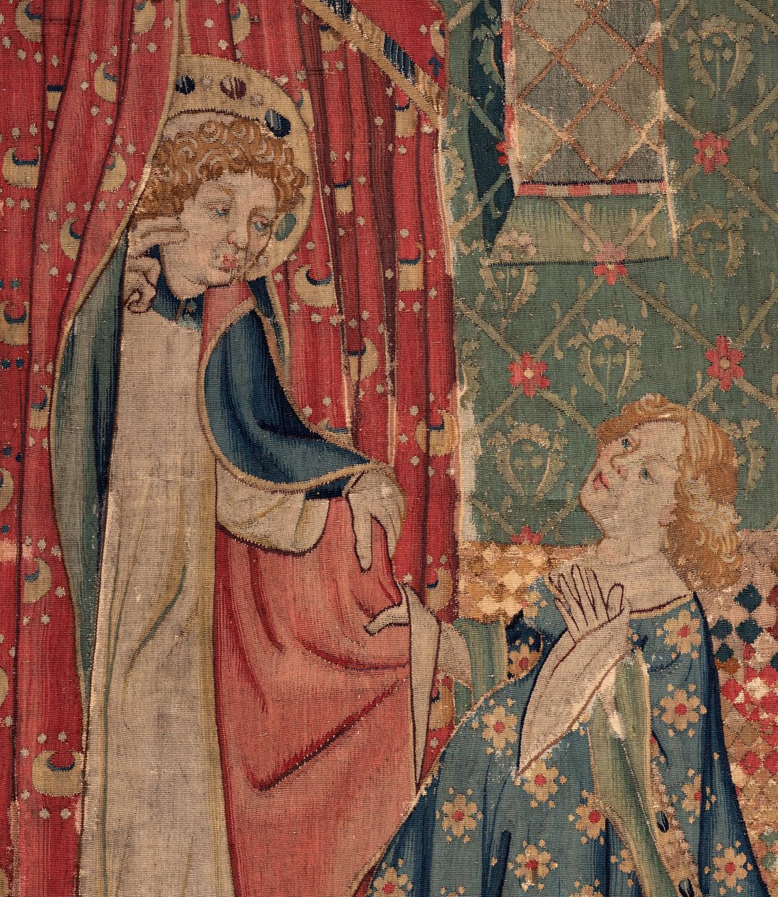 Saint Piatin ja Saint Eleuthèren historia, kohtaus 11: Saint Eleuthèren kiusaukset (Tribuunin tytär kuolee, jotta hän ei voi saada hullua rakkautta, jota pyhimys vaatii, kun hänen viittansa vetää). Yksityiskohta. tekijältä Unknown artist