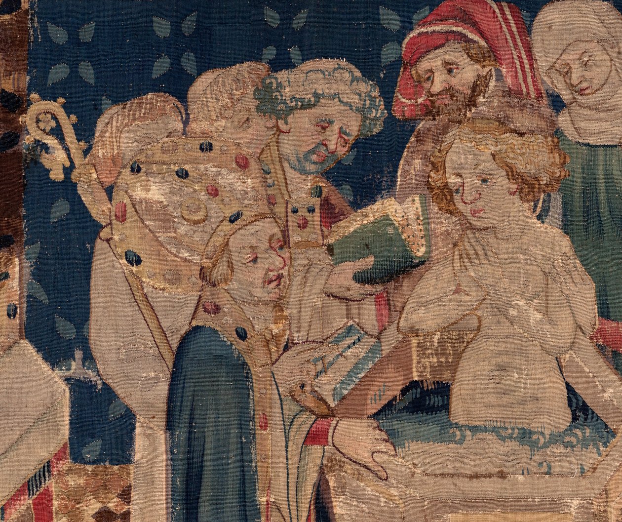 Saint Piatin ja Saint Eleuthèren historia, kohtaus 13: Blandan kaste (Kuinka hyvät pyhät kastoivat tytärtribuunin, joka keräsi varoja erittäin suurella mysteerillä: Blande, joka oli hyvän pyhimyksen äiti). Yksityiskohta. tekijältä Unknown artist