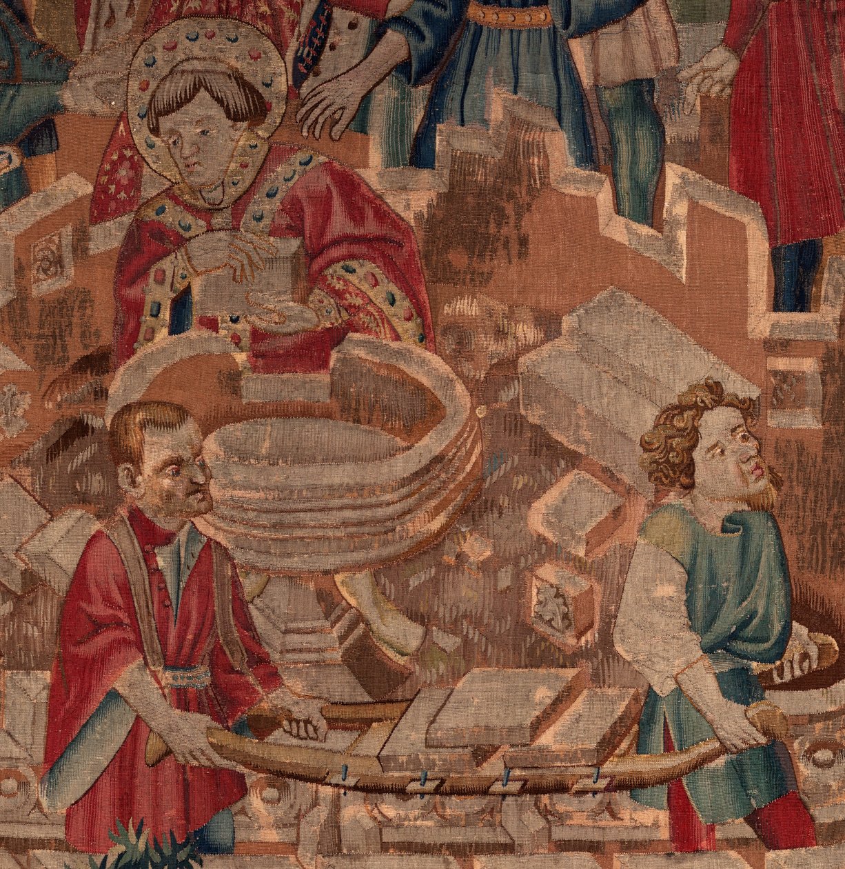 Saint Piatin ja Saint Eleuthèren historia, kohtaus 5, Detail.Mid. Pyhä, muurarit ja kasteallas. tekijältä Unknown artist
