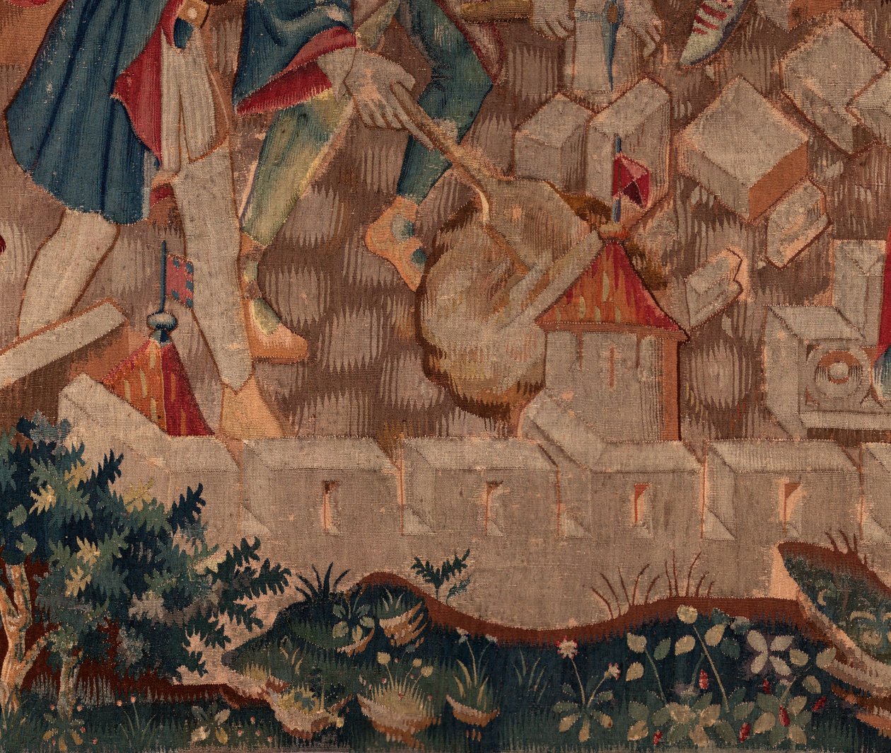 Saint Piatin ja Saint Eleuthèren historia, kohtaus 5 Yksityiskohta vasemmalla alla. Kaupungin muurit ja pensaat. tekijältä Unknown artist