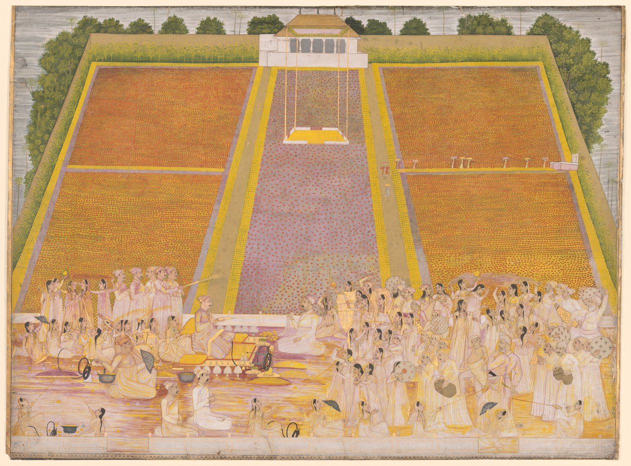 Holi-festivaali muurien ympäröimässä puutarhassa juhlijoiden kanssa tekijältä Unknown artist