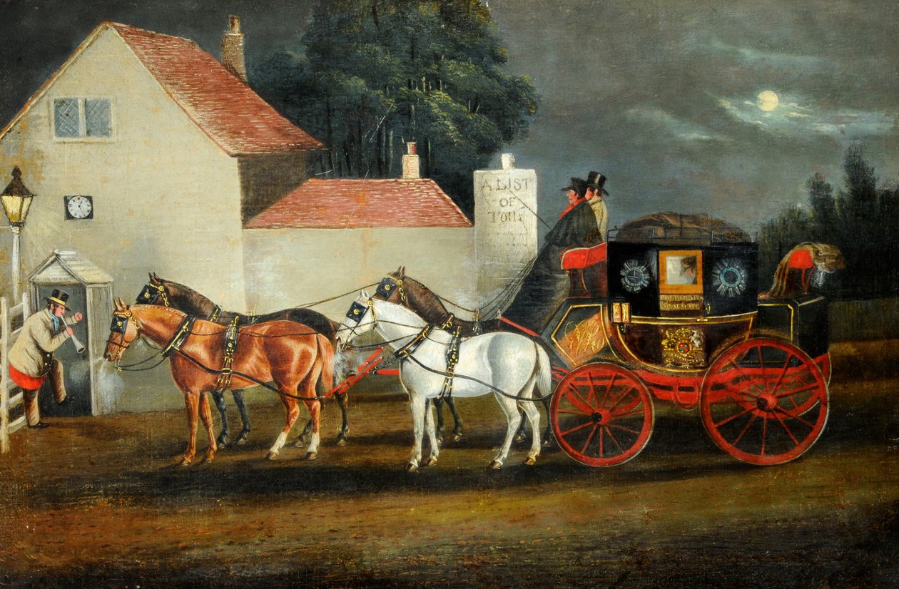 Hullin ja Lontoon kuninkaallinen postivaunu, noin 1860 (öljy kankaalle). tekijältä Unknown artist