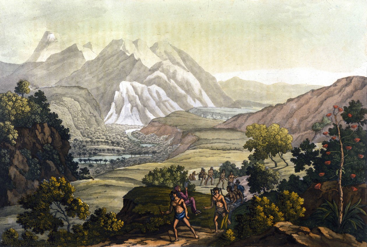 Humboldt ja Bonpland ylittävät Quindiu-vuoren kantotuoleilla. Alexander Von Humboldtin matkalta Andeille (Alexandre de Humboldt tekijältä Unknown artist