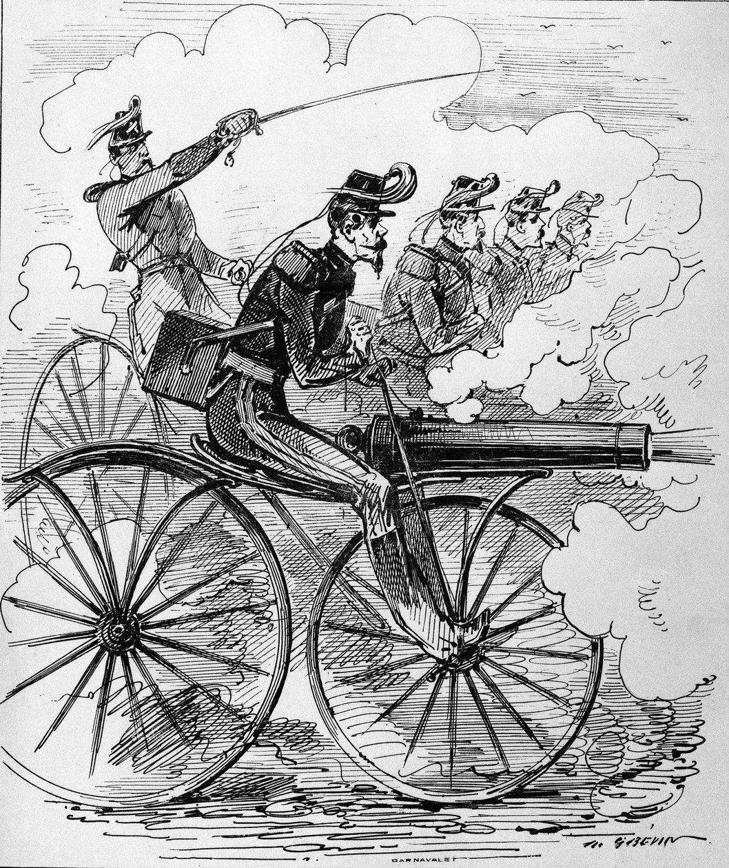 Humoristinen kaiverrus: Konekivääriin sovellettu Velocipedomania - 1800-luku. tekijältä Unknown artist