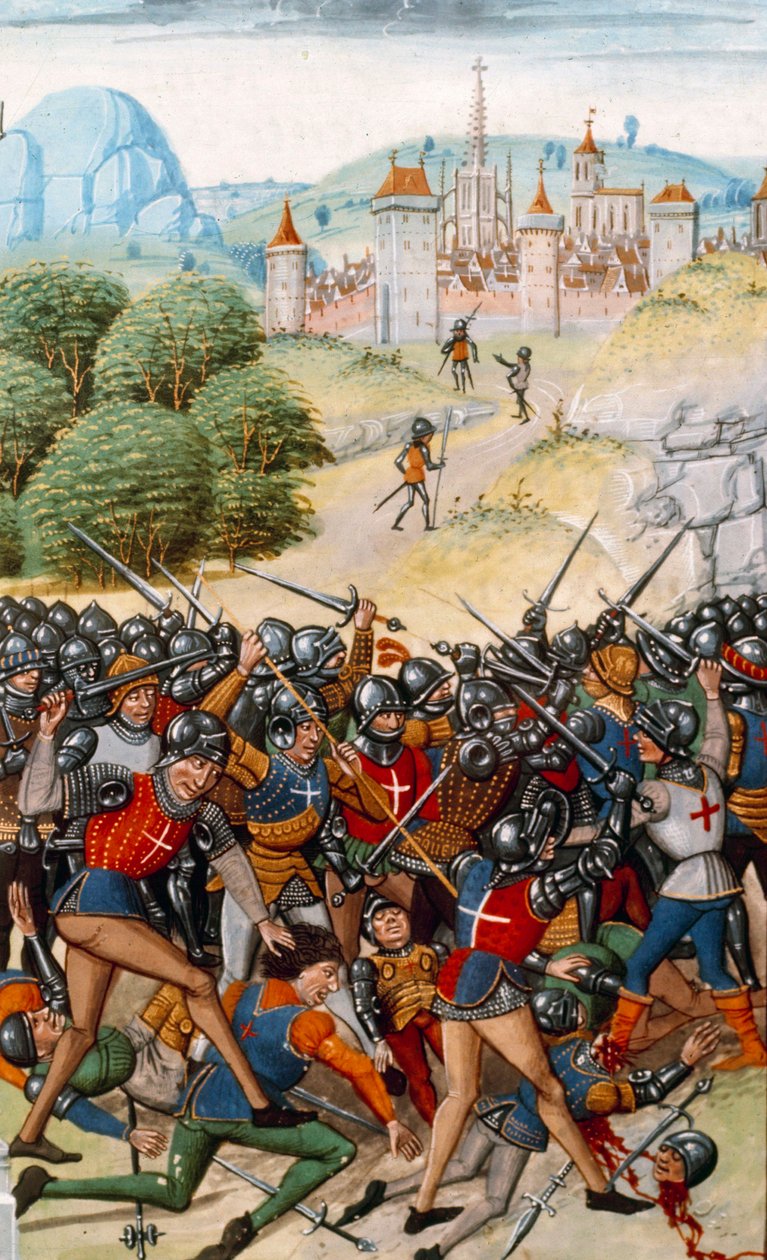 Satavuotinen sota: Pontvallainin taistelu ranskan ja englannin välillä 12.4.1370” Pienoiskuva Jean Froissartin (1337-1400) 1400-luvun Pariisin ”Kroonikista”. B.N. tekijältä Unknown artist