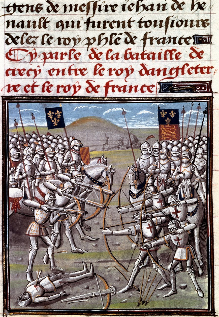 Satavuotinen sota: Crecyn taistelu 26.8.1346 ranskalaisten ja englantilaisten välillä. Miniatyyri Jean Froissartin (1337-1400) kronikoista tekijältä Unknown artist