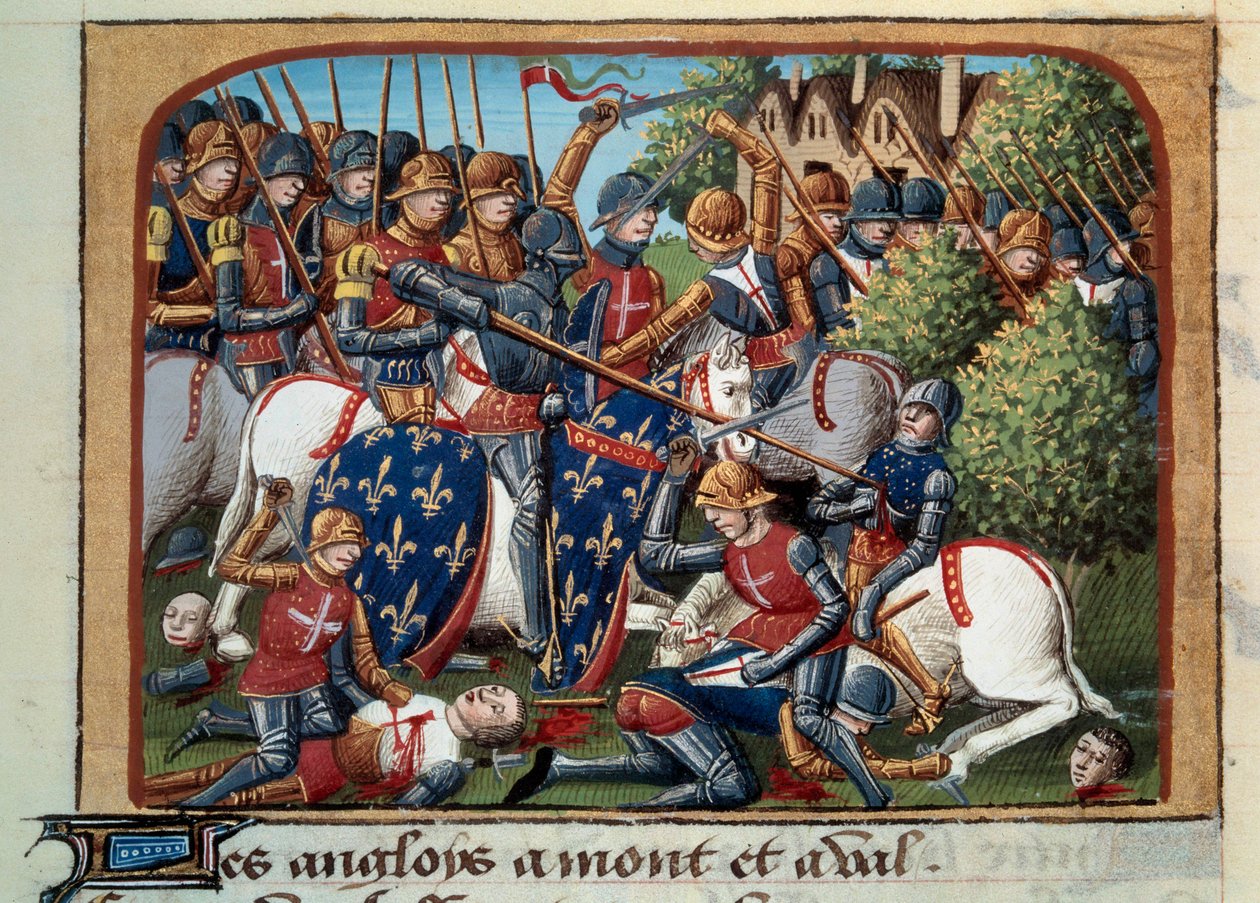 Satavuotinen sota: Formignyn (Calvados) taistelu 15.4.1450 Thomas Kyriellin ja Jean de Clermontin englantilaisen armeijan välillä. Miniatyyri, joka on valaistu käsikirjoituksesta "" Vigiles du roi Charles VII"" Jean Chartier