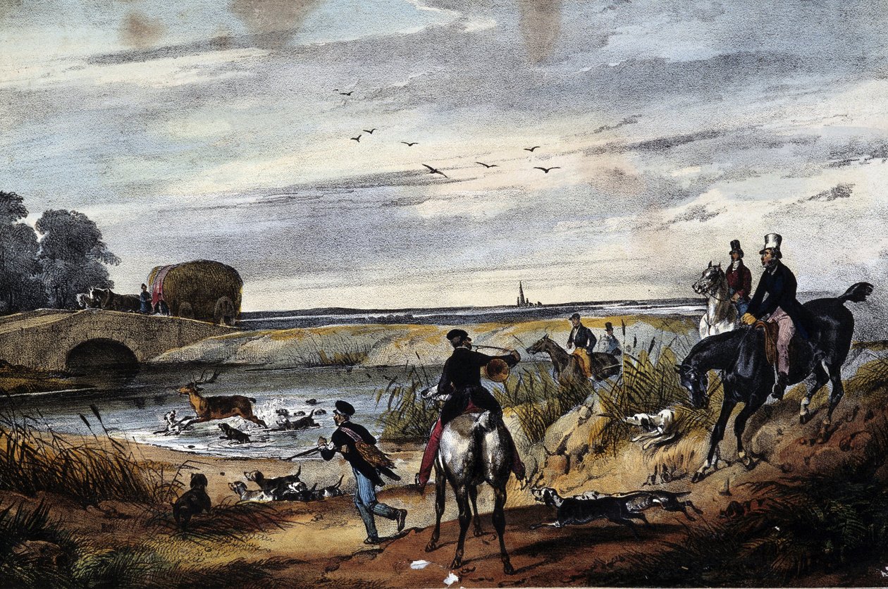 Metsästyskohtaus - Anonyymi kaiverrus, n. 1850 tekijältä Unknown artist