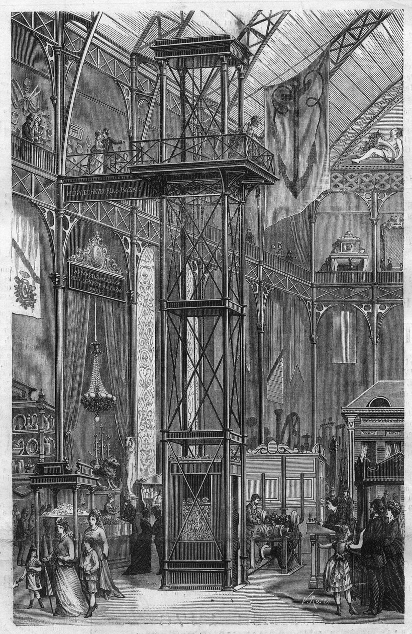 Hydraulinen hissi, jonka keksivät Megy Echeverria ja Bazan ja joka oli esillä kansainvälisessä joki- ja meriteollisuuden näyttelyssä Palais de l