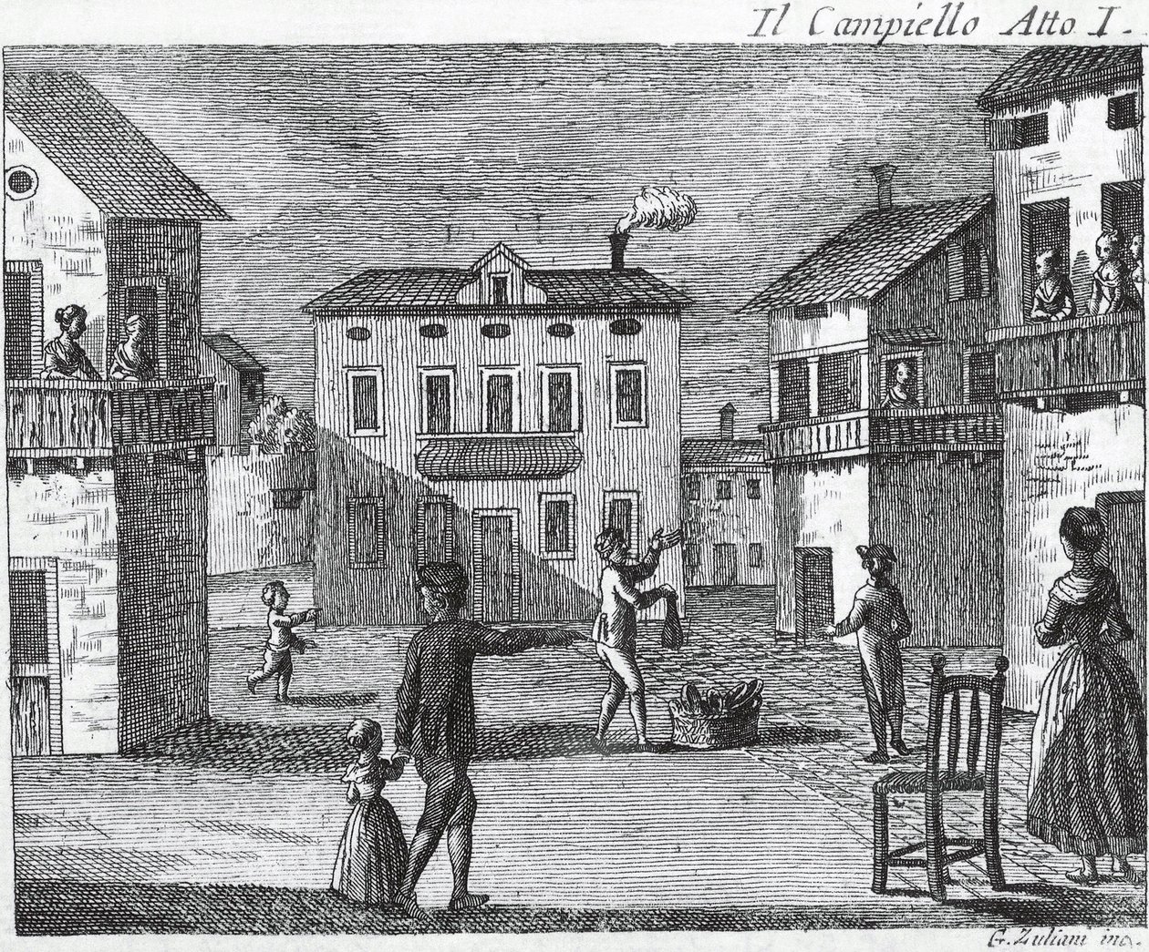 Il Campiello Act I - Carlo Goldoni (1707-1793) - Kaiverrus 1700-luvulta tekijältä Unknown artist
