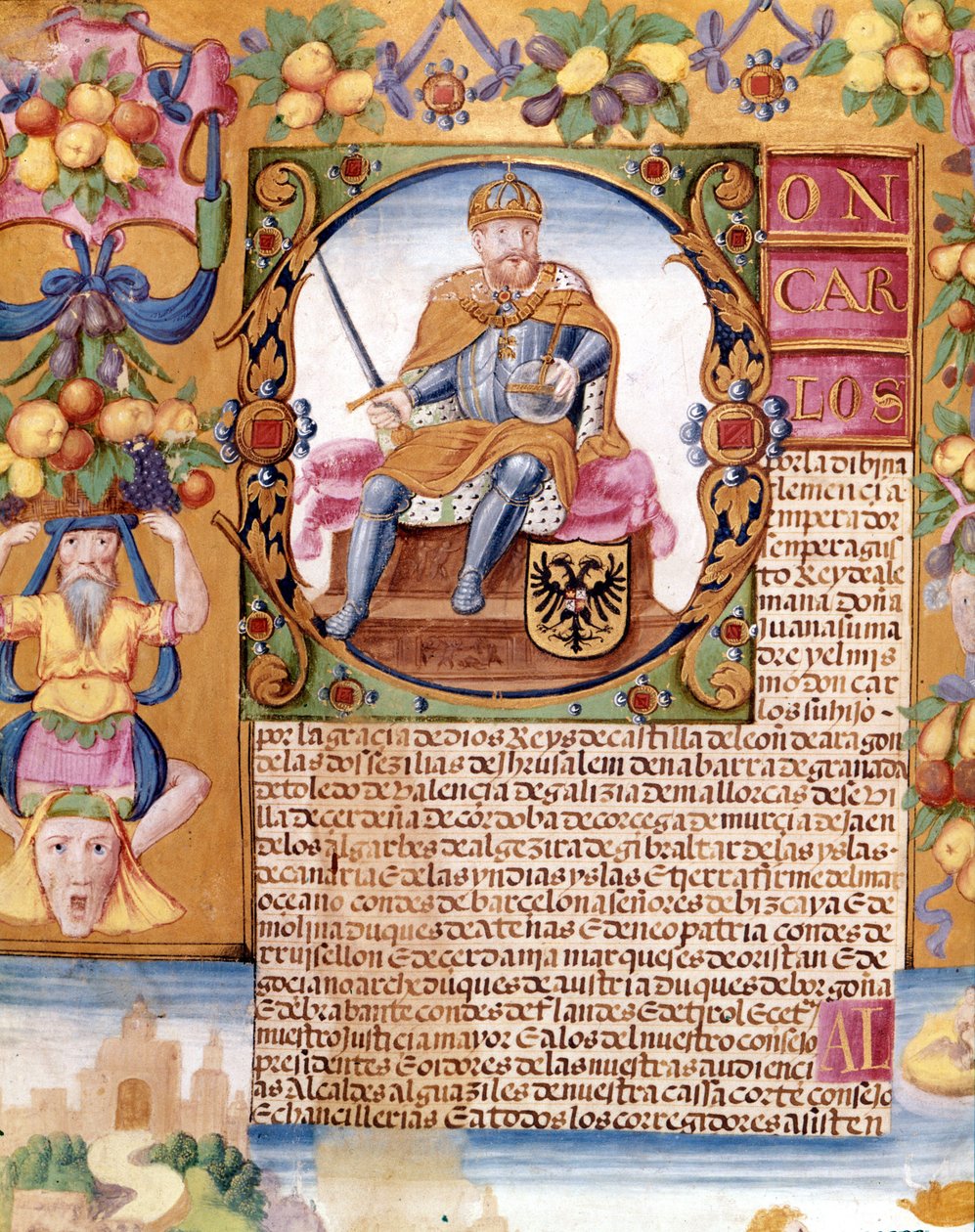 Valaistu muotokuva keisari Kaarle V:stä (1500 - 1558). Yksityiskohta "" toimeenpanijasta"" tekijältä Unknown artist