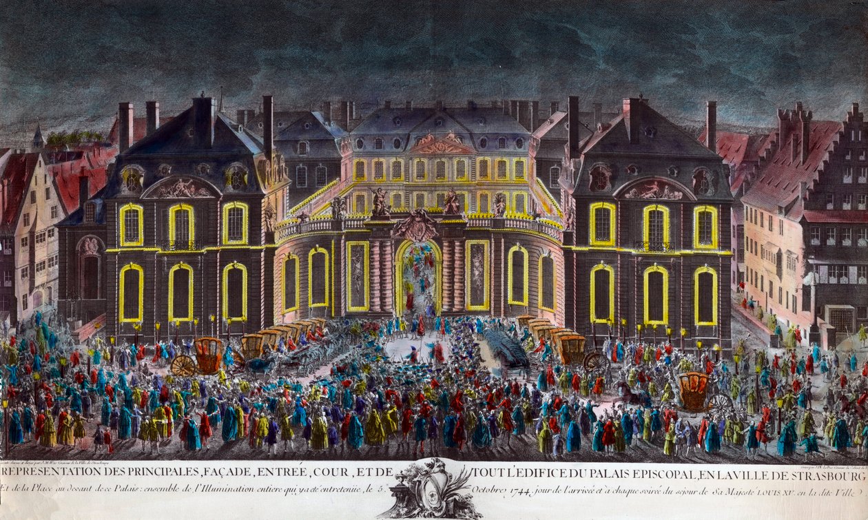 Strasbourgin piispanpalatsin valaistuksia kaupungin järjestämien juhlien aikana kuningas Ludvig XV:n (1710-1774) toipumisen aikana vakavan sairauden jälkeen 10.5.1744. Kausitulostuksen yksityinen kokoelma tekijältä Unknown artist