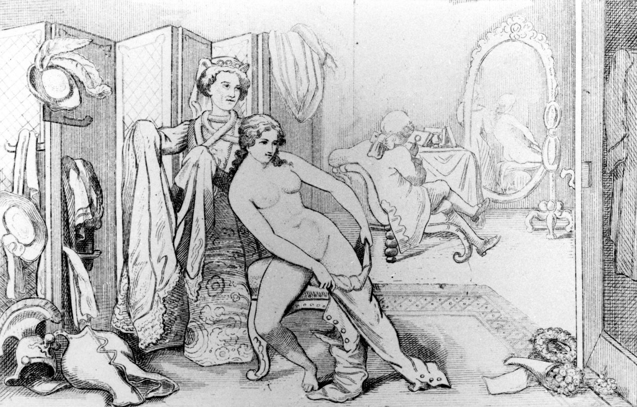 Kuvitus Casanovasta ja alastomasta naisesta - Casanovan "Elämäni historiassa". Bryssel 1872. tekijältä Unknown artist