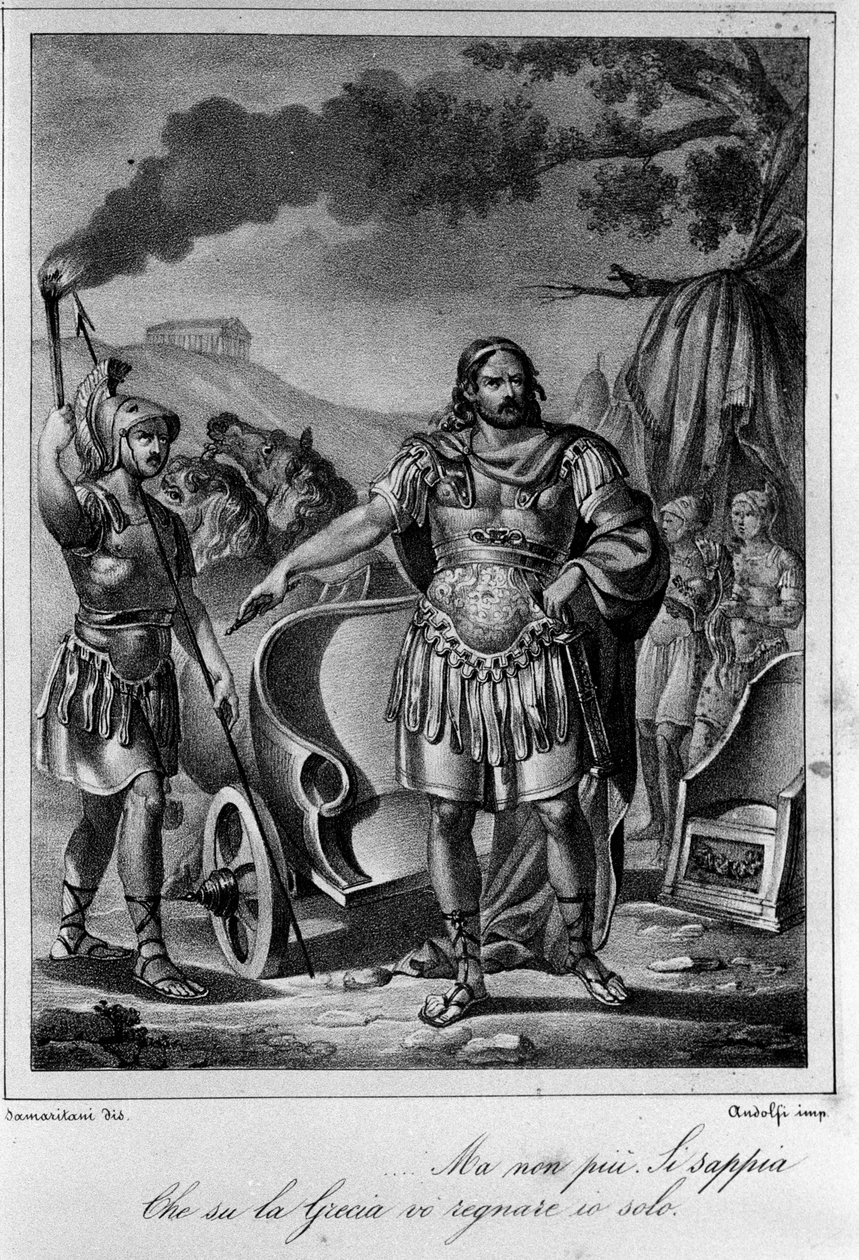 Kuva italialaisen runoilijan ja näytelmäkirjailija Ugo Foscolon (1778-1827) "" Ajaxin" (Aiace) IV näytöksen 1 kohtauksesta 1800-luku tekijältä Unknown artist